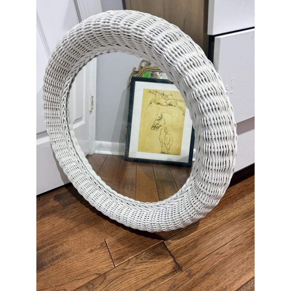 Mid Century Mirror Rattan Mirror Wall Mirror Wicker White 24" MCM Circle